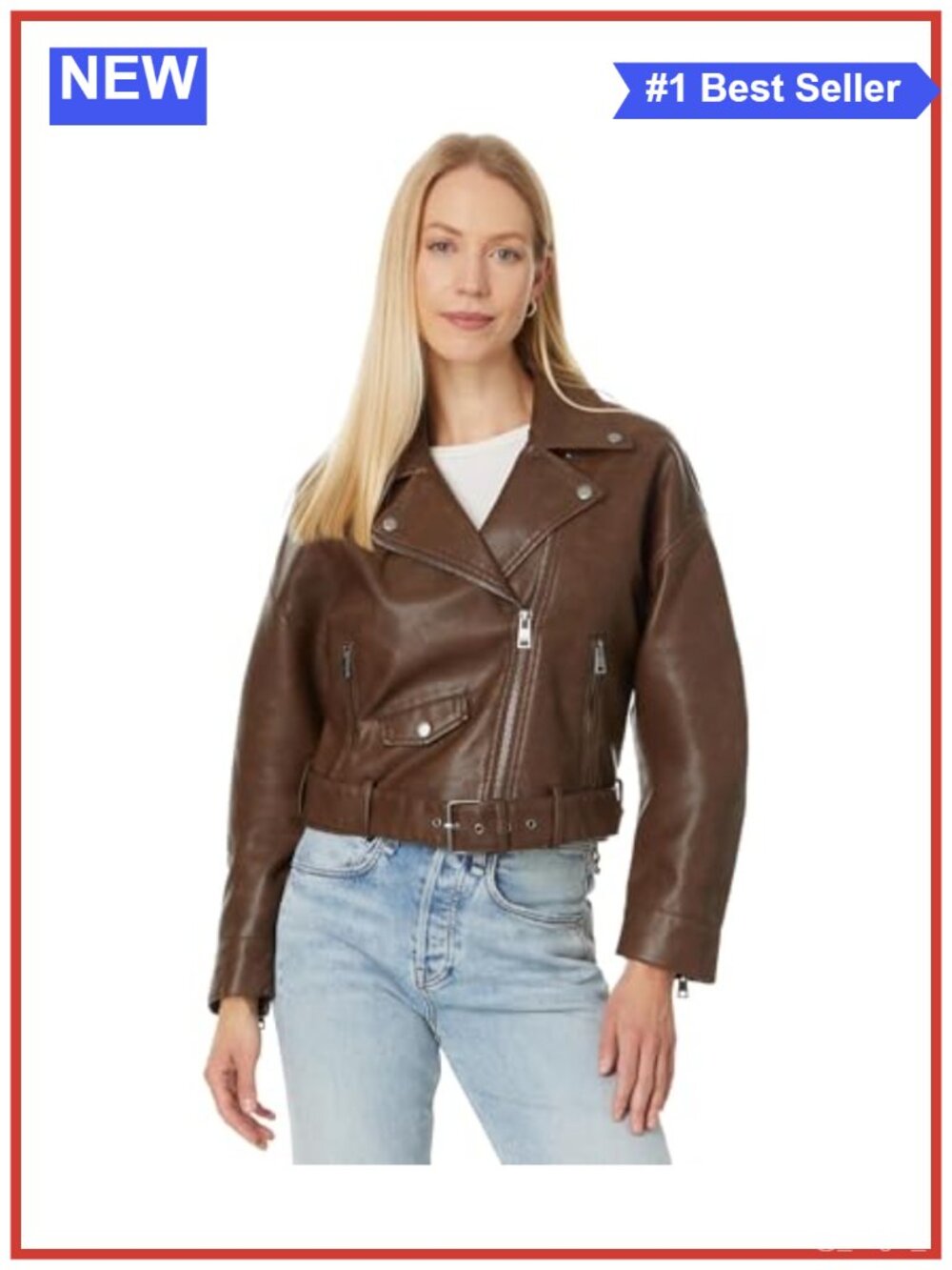 Faux Leather Cropped Moto Jacket Relaxed Asymmetrical Zip Belted